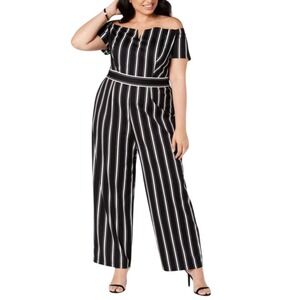 Teeze Me Off Shoulder Striped Wide Leg Jumpsuit Plus Size 24‎ 3X NWT Black White